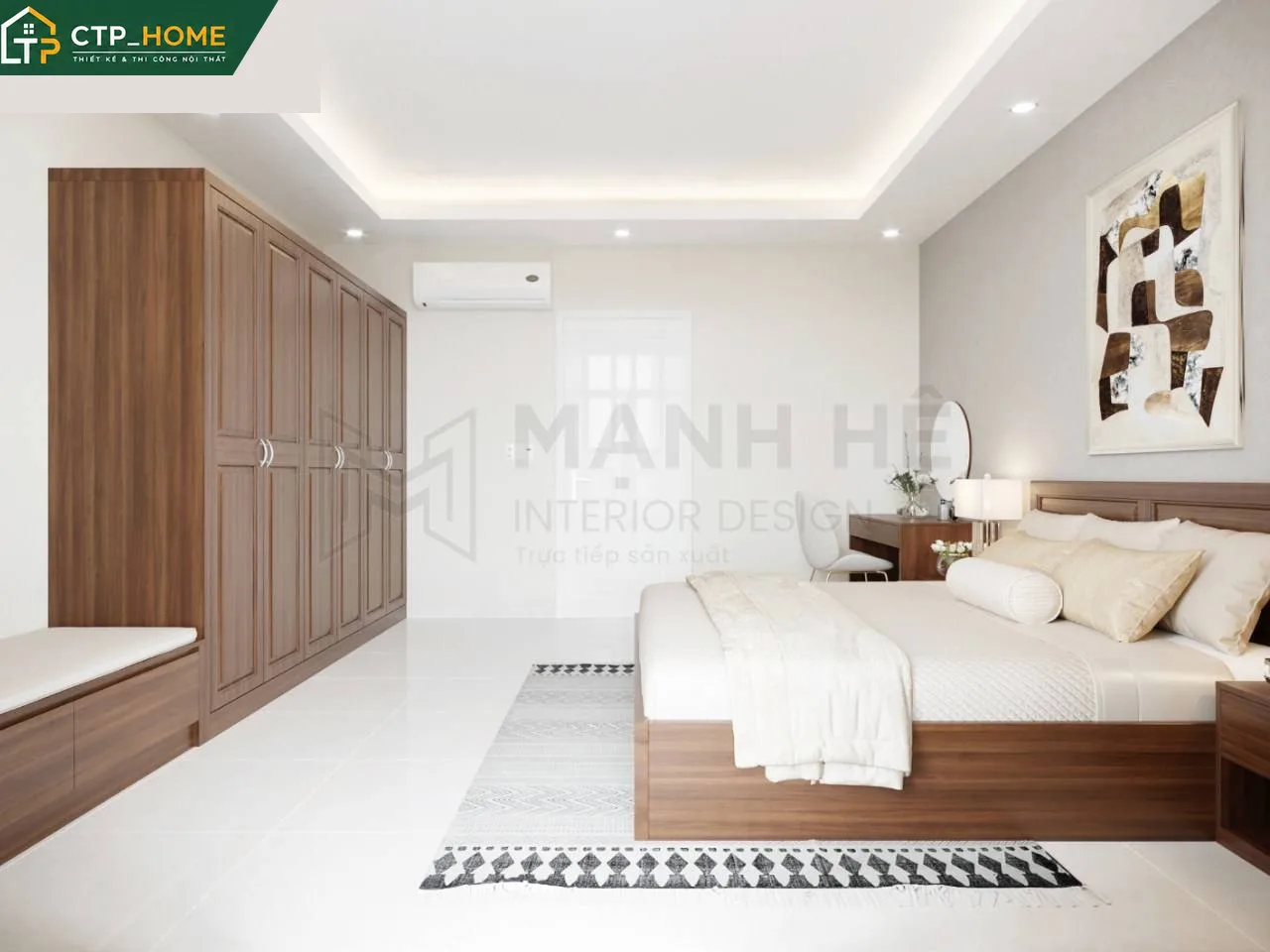 Phòng ngủ master nhà phố anh Hoàng Long An với giường gỗ óc chó, đầu giường bọc da và hệ tủ quần áo âm tường