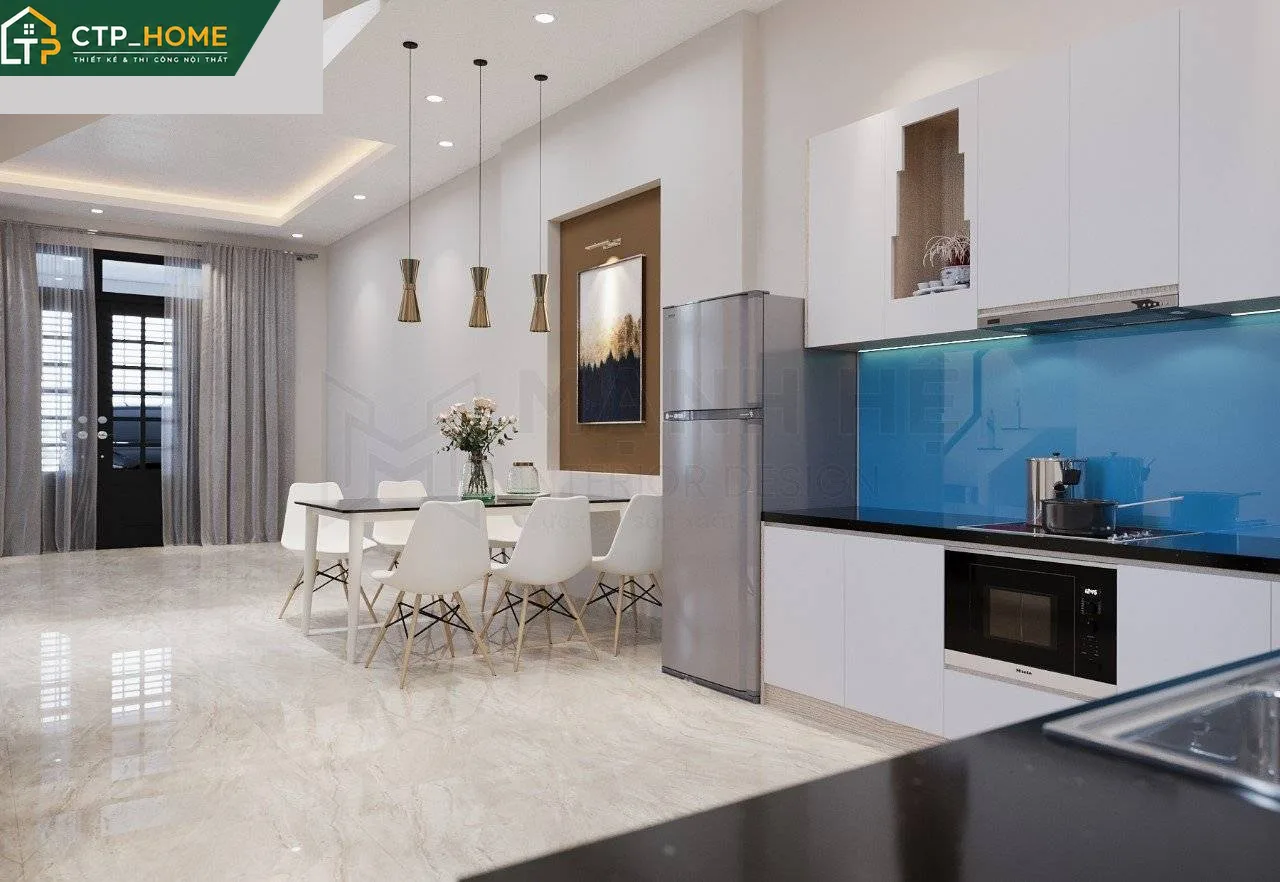 Phòng khách nhà phố Bình Dương thiết kế mở với sofa da cao cấp và kệ tivi gỗ óc chó