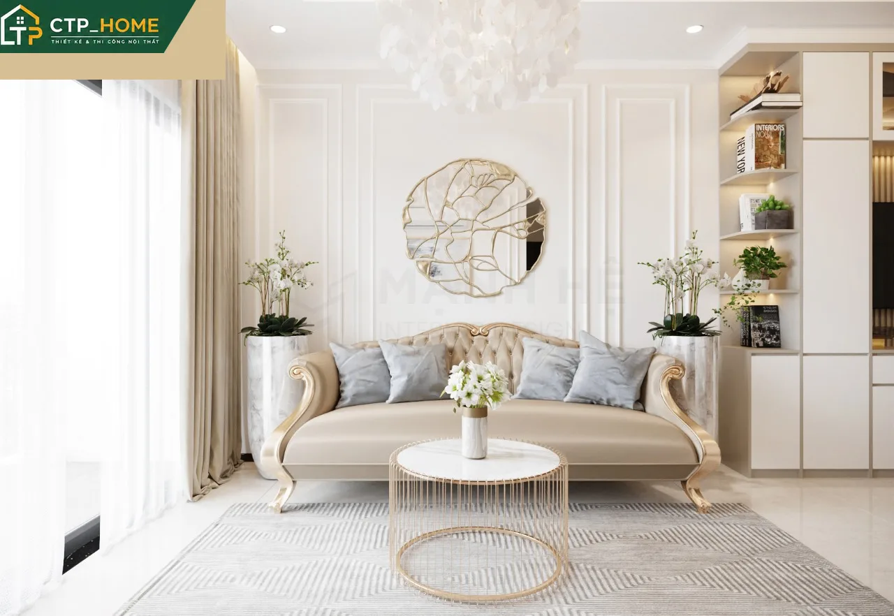 Thiết kế nội thất phòng khách chung cư One Verandah 70m2 với sofa góc gỗ óc chó và kệ tivi âm tường