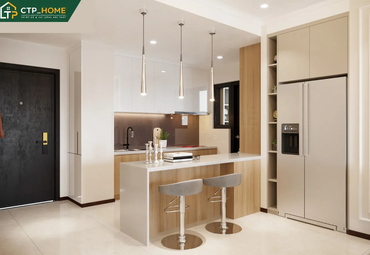 Phòng ngủ chính căn hộ One Verandah 70m2 với đầu giường bọc da và hệ tủ âm tường liền mạch