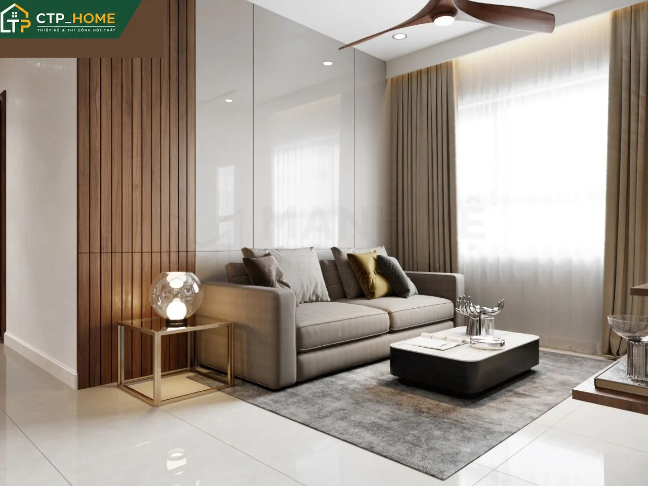 Thiết kế nội thất phòng khách chung cư Topaz Elite 68m2 phong cách hiện đại với sofa góc và kệ tivi gỗ óc chó