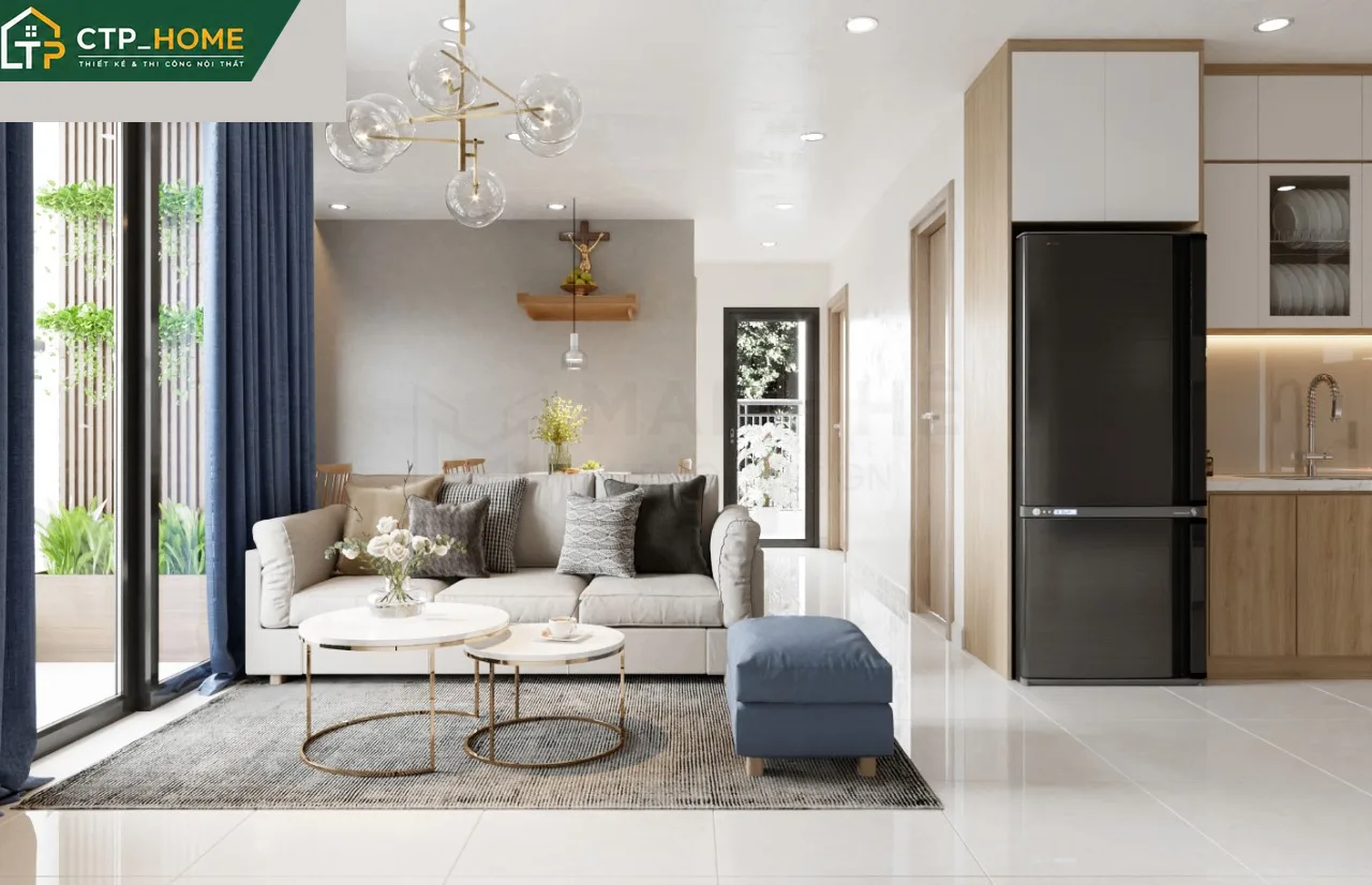 Phối cảnh phòng khách chung cư Vinhomes Grand Park 59m2 thiết kế hiện đại với sofa góc, kệ tivi gỗ sồi và đèn trần thả nghệ thuật