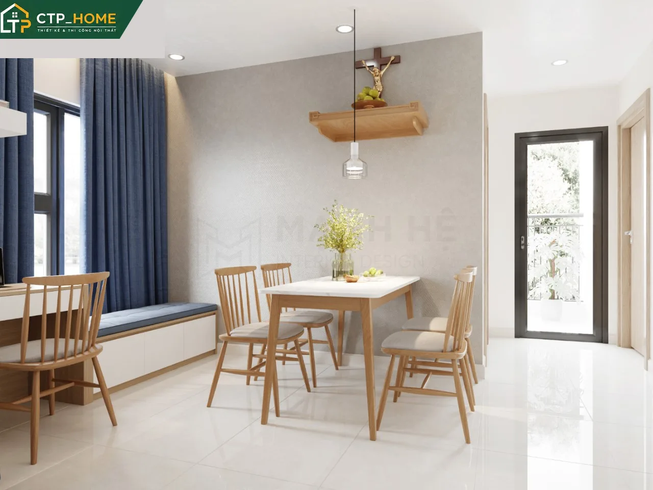 Phòng ngủ chính chung cư Vinhomes Grand Park 59m2 với đầu giường bọc nỉ, đèn trần thả và tủ quần áo âm tường gương toàn chiều cao