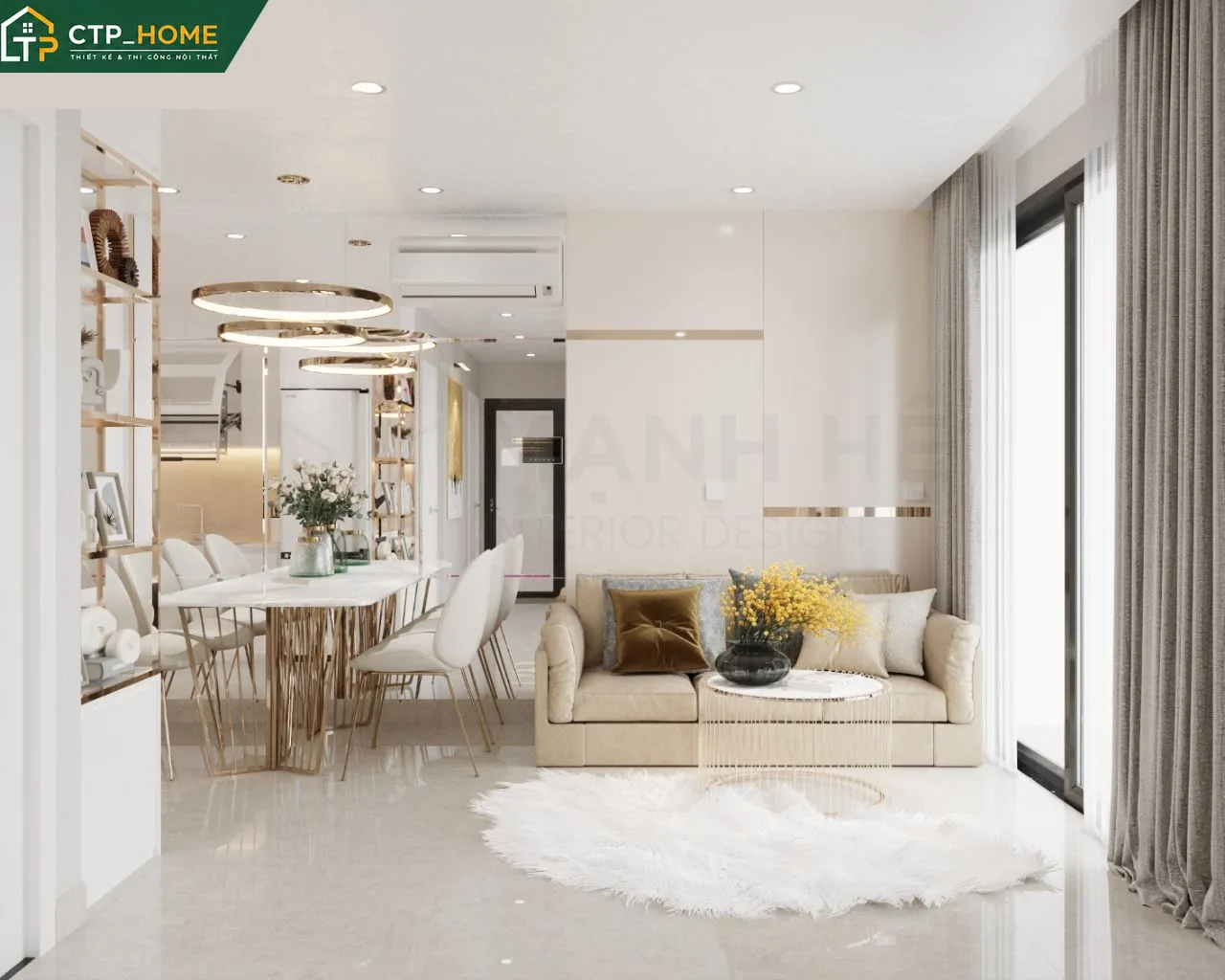 Góc phòng khách chung cư Vinhomes Grand Park 2BR 69m2 với sofa góc gỗ óc chó và kệ tivi âm tường