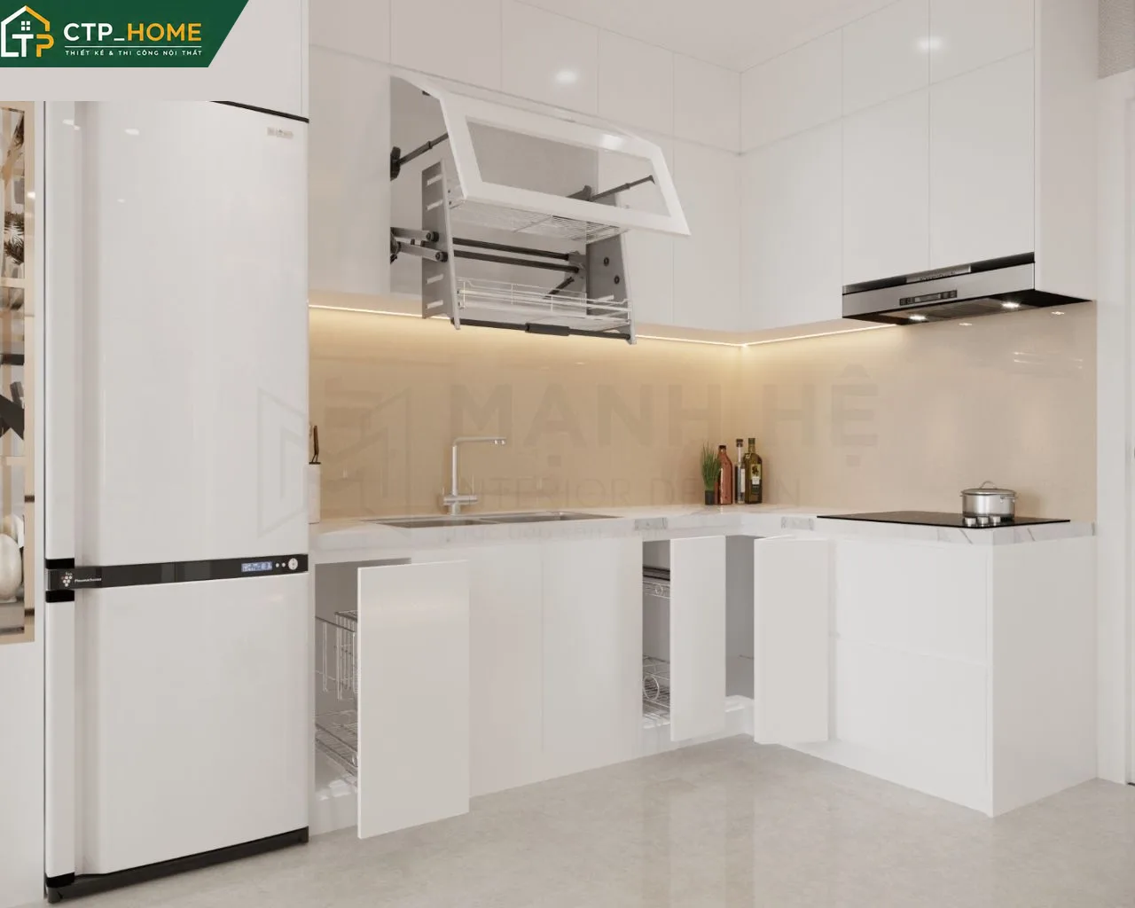 Phòng bếp chung cư Vinhomes Grand Park 2BR 69m2 với tủ bếp gỗ óc chó và mặt đá Solid Surface