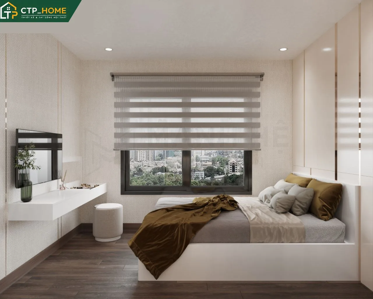 Phòng ngủ chính chung cư Vinhomes Grand Park 2BR 69m2 với đầu giường ốp gỗ và đèn LED giấu trần