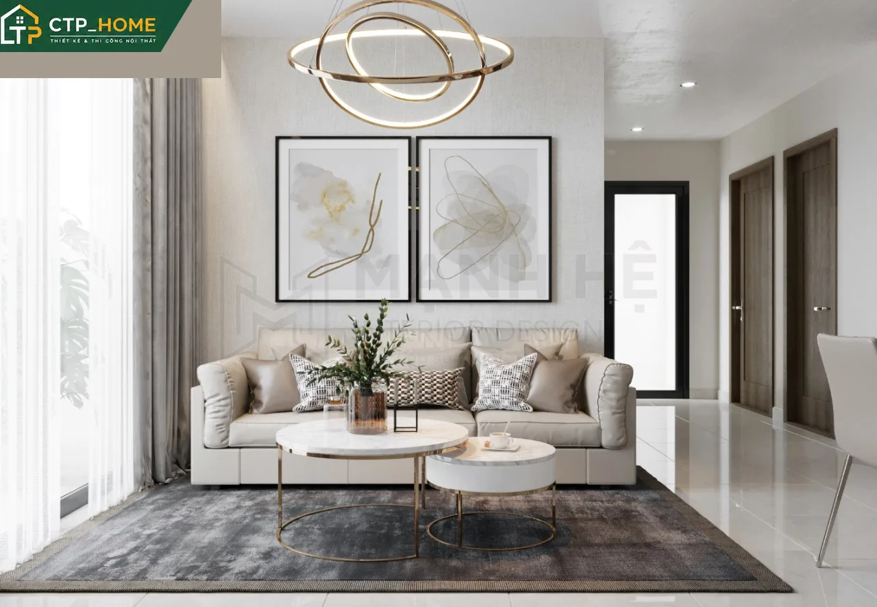 Góc phòng khách thiết kế nội thất chung cư Vinhomes Grand Park 59m2 với sofa góc gỗ sồi và kệ tivi âm tường