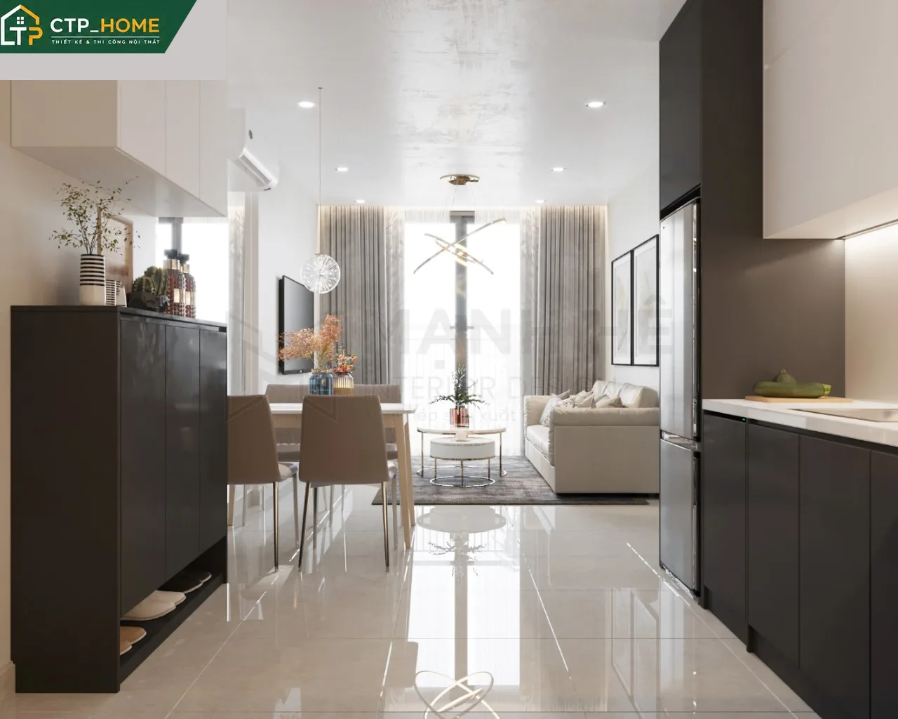 Phòng bếp thiết kế nội thất chung cư Vinhomes Grand Park 59m2 với đảo bếp đá Solid Surface và tủ bếp gỗ sồi tự nhiên