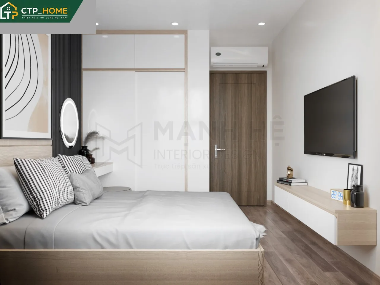 Phòng ngủ chính thiết kế nội thất chung cư Vinhomes Grand Park 59m2 với giường gỗ sồi, đầu giường bọc nỉ và tủ âm tường toàn bộ bức tường