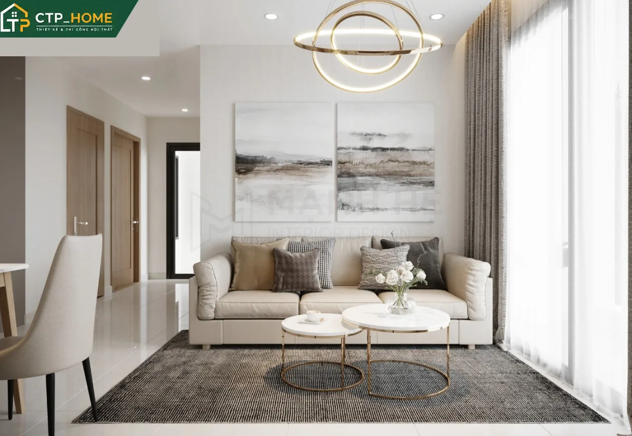 Thiết kế nội thất phòng khách chung cư Vinhomes Grand Park 59m2 phong cách hiện đại với sofa chữ L và kệ tivi gỗ sồi tự nhiên