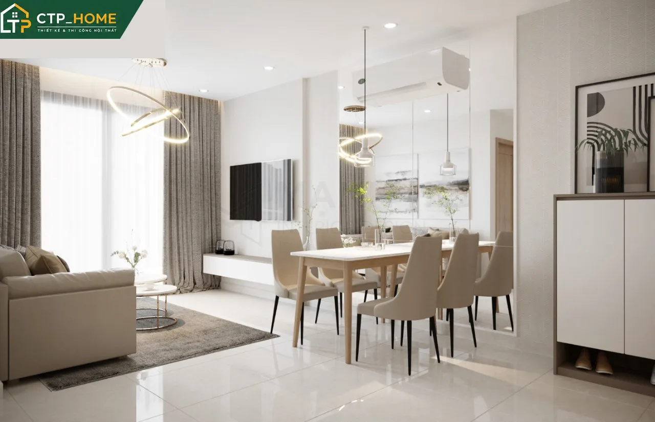Thiết kế nội thất phòng bếp chung cư Vinhomes Grand Park 59m2 hiện đại với tủ bếp gỗ sồi và mặt đá nhân tạo Solid Surface