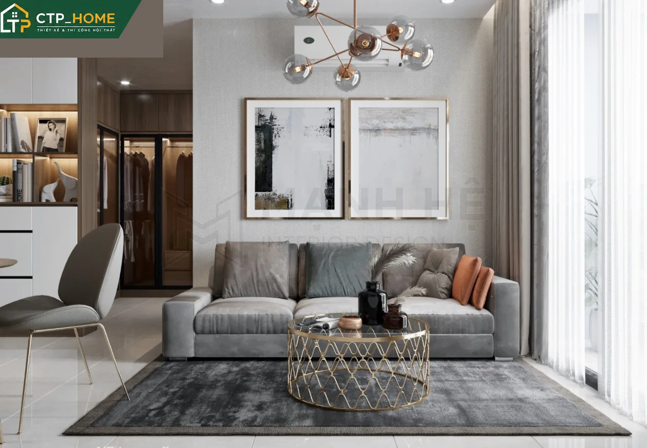 Thiết kế nội thất phòng khách chung cư Vinhomes Grand Park 46m2 hiện đại với sofa chữ L và kệ tivi gỗ sồi tự nhiên