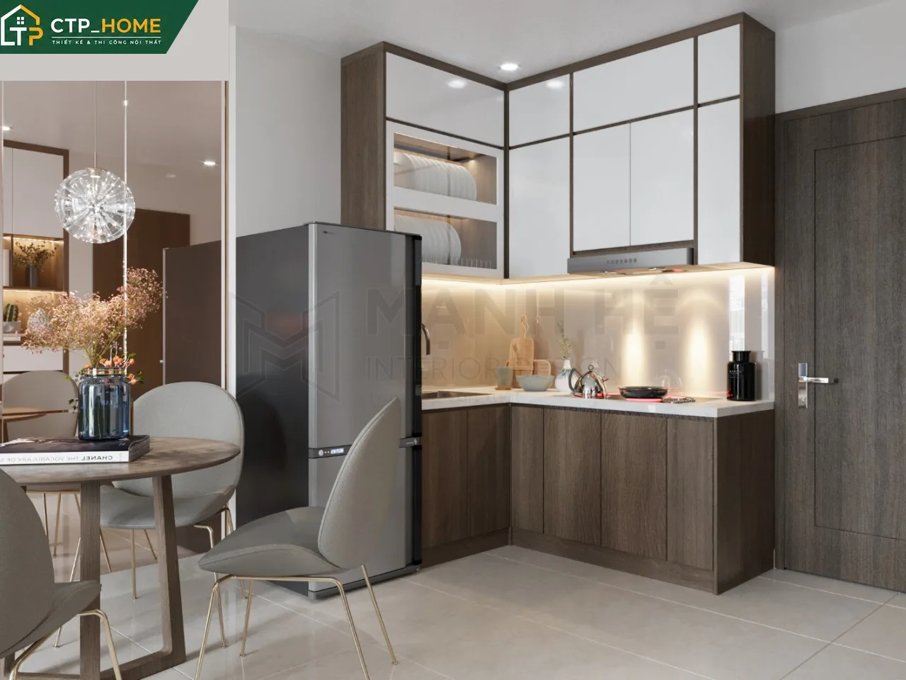 Thiết kế nội thất phòng ngủ chung cư Vinhomes Grand Park 46m2 với giường ngủ thông minh và tủ âm tường