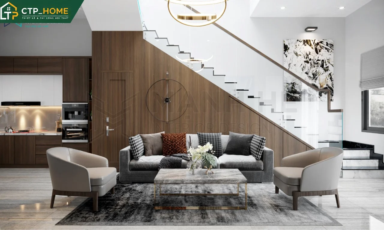 Đội ngũ kỹ sư và kiến trúc sư CTP_HOME đang nghiệm thu công trình thi công nội thất phòng khách tại Quận 2, TP.HCM