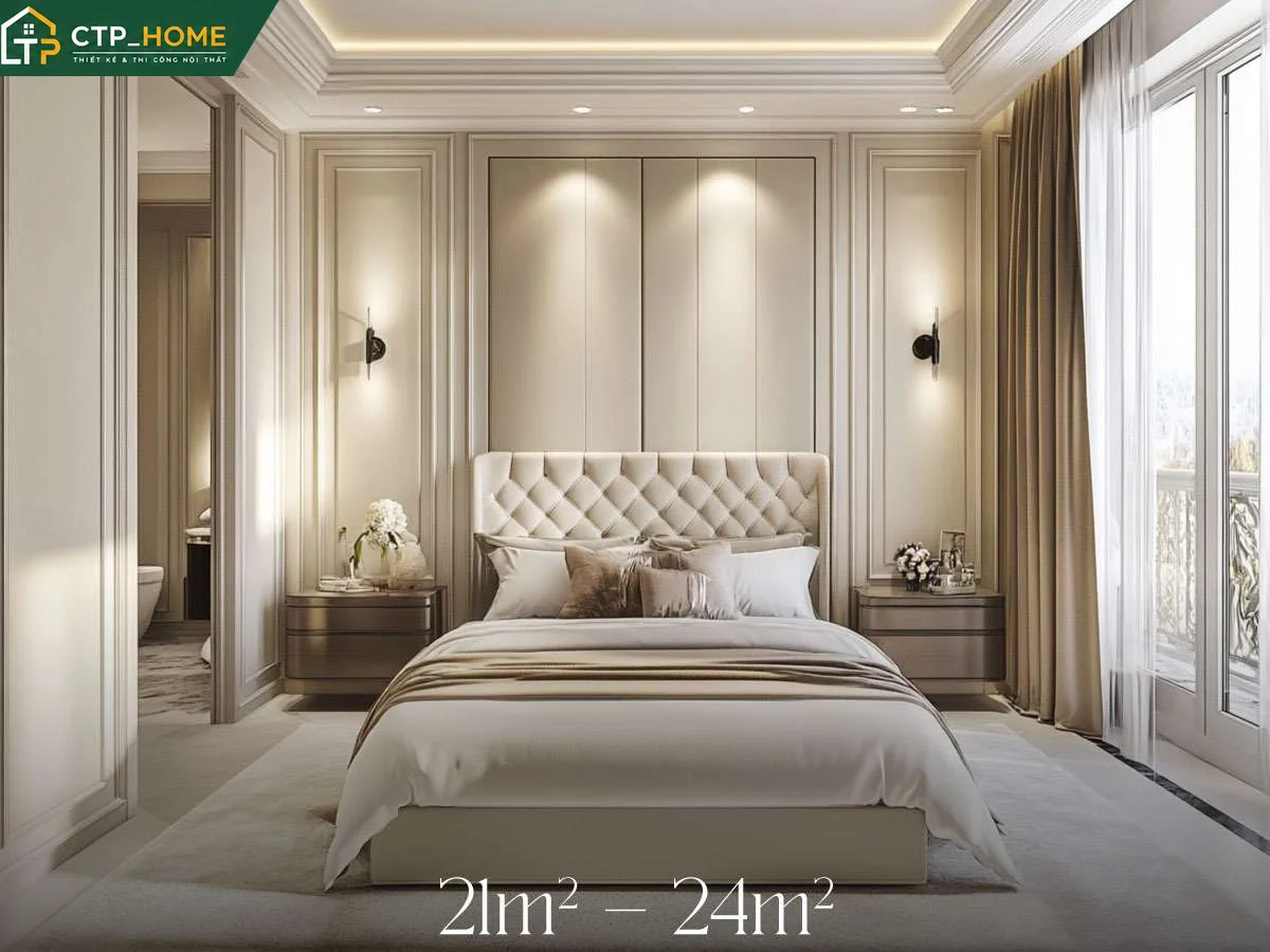 Ảnh minh họa vật liệu cao cấp dùng trong thiết kế phòng ngủ: gỗ MDF An Cường chống ẩm, ván gỗ sồi Nga, vải nhung nhập khẩu và kính cường lực mờ